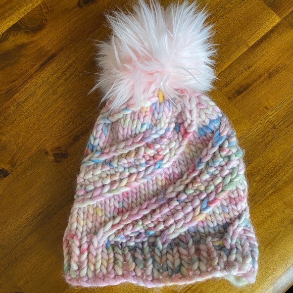 Handmade Soft Pink Rainbow Bobble Hat with removable bobble - Picture 2 of 5